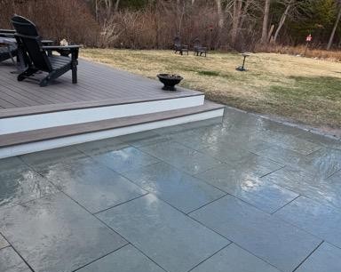 Bluestone outdoor patio and steps built by JRD Landscape Design on the South Shore.